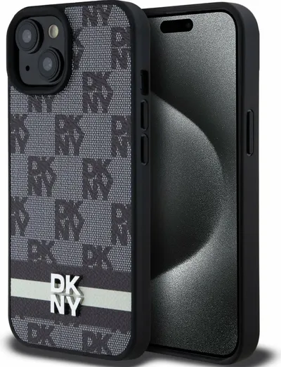 DKNY PU Leather Checkered Pattern and Stripe Zadní Kryt pro iPhone 15-Černá 1