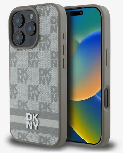 DKNY PU Leather Checkered Pattern and Stripe Zadní Kryt pro iPhone 16 Pro Max Beige 1