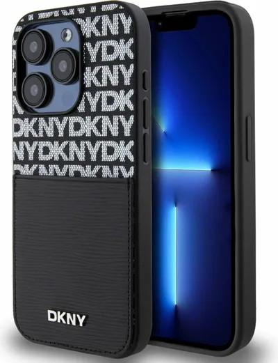 DKNY PU Leather Repeat Pattern Card Pocket Zadní Kryt pro iPhone 14-Černá 1