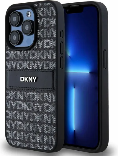 DKNY PU Leather Repeat Pattern Tonal Stripe Zadní Kryt-Černá / iPhone 14 Pro Max 1