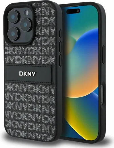 DKNY PU Leather Repeat Pattern Tonal Stripe Zadní Kryt pro iPhone 16-Černá 1