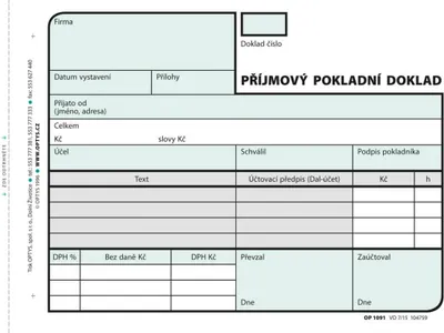 Optys 1091 Příjmový pokladní doklad A6 samopropisovací 2x50 listů 1